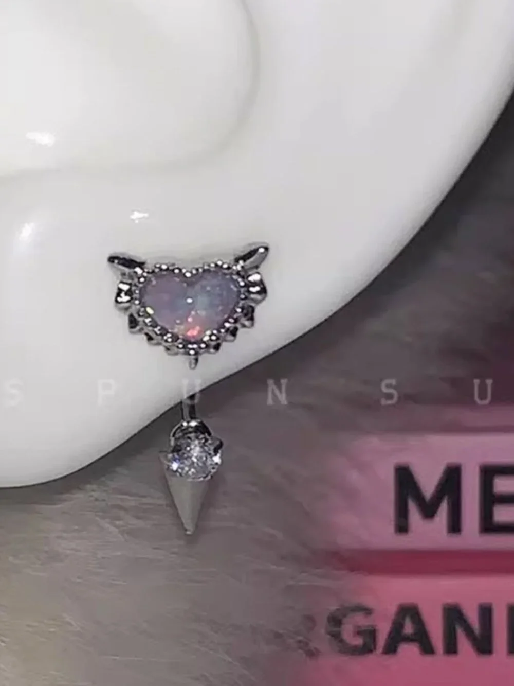 MOS COLLECTION Opal Heart Wing Cartilage Stud Helix Tragus Conch Earring